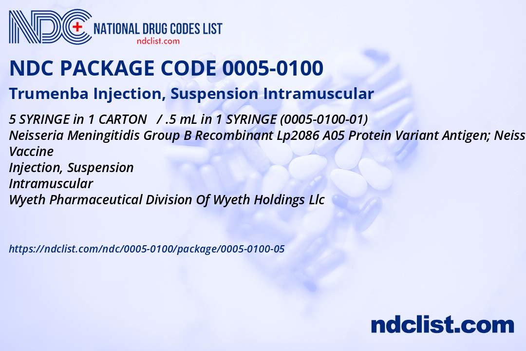 NDC Package 0005-0100-05 Trumenba Injection, Suspension Intramuscular