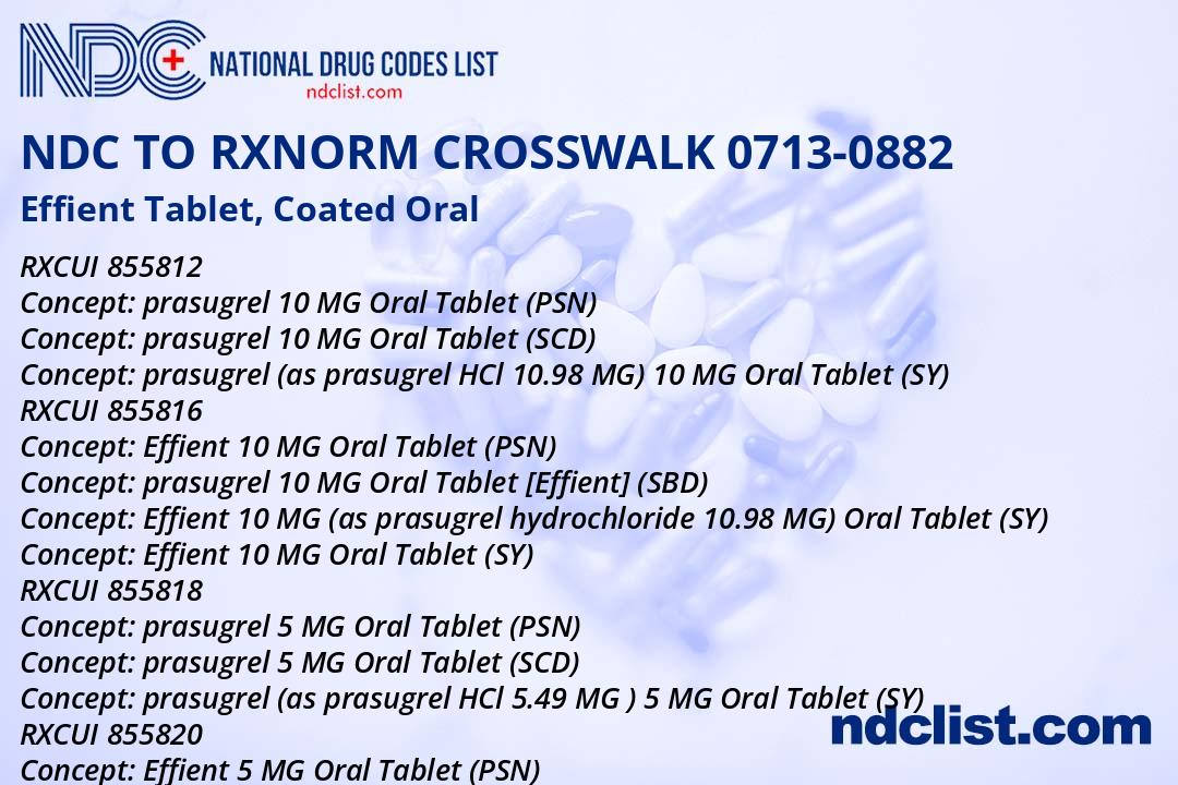 NDC RxNorm Crosswalk 0713-0882 Effient Tablet, Coated Oral