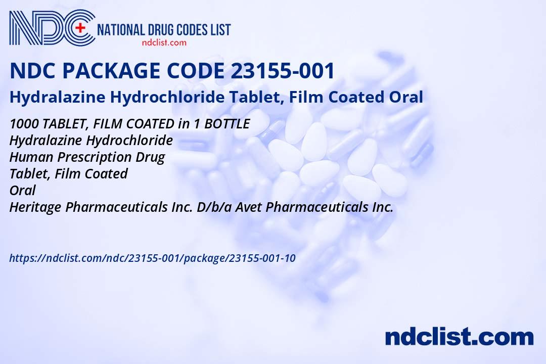 NDC Package 23155-001-10 Hydralazine Hydrochloride Tablet