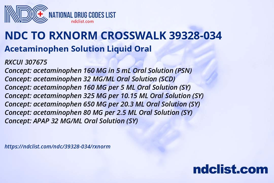 NDC RxNorm Crosswalk 39328-034 Acetaminophen Solution Liquid Oral