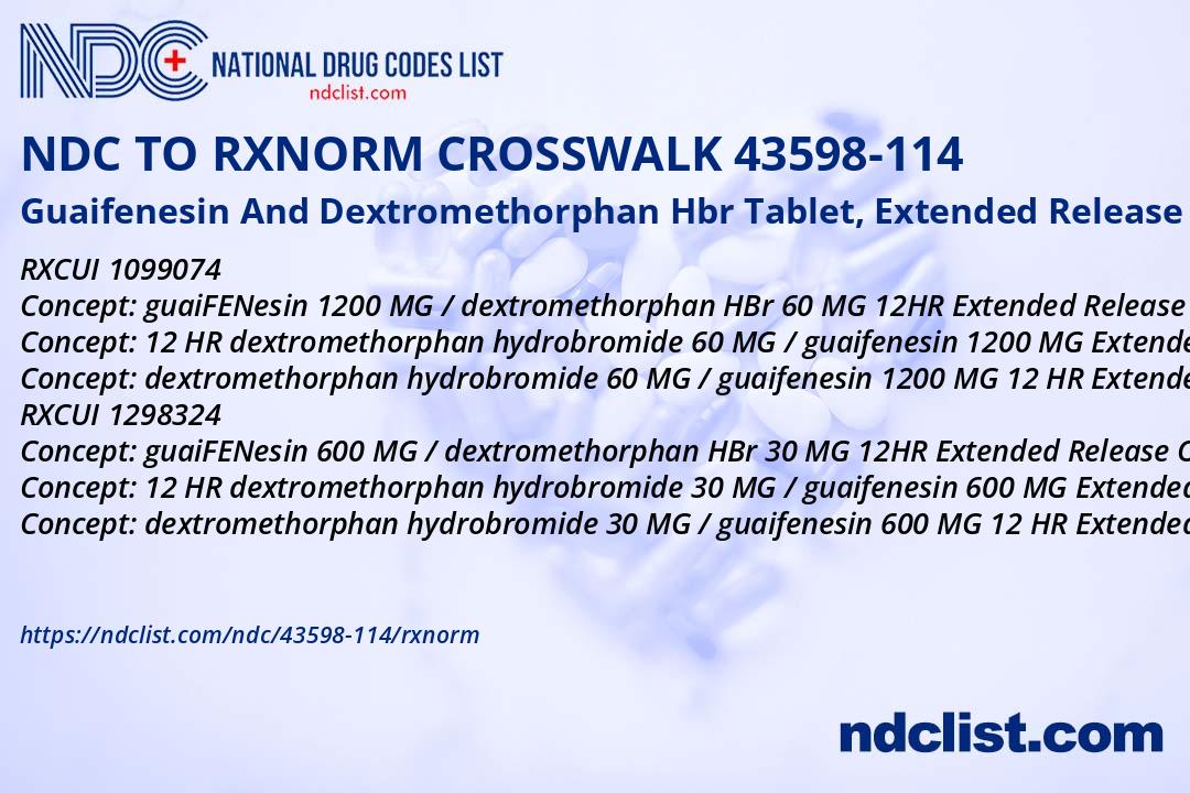 NDC RxNorm Crosswalk 43598-114 Guaifenesin And Dextromethorphan Hbr ...