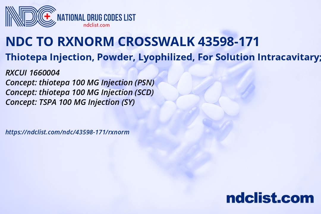 NDC RxNorm Crosswalk 43598-171 Thiotepa Injection, Powder, Lyophilized ...
