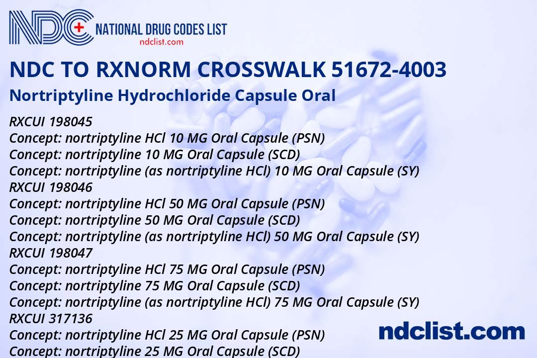 NDC RxNorm Crosswalk 51672-4003 Nortriptyline Hydrochloride Capsule Oral