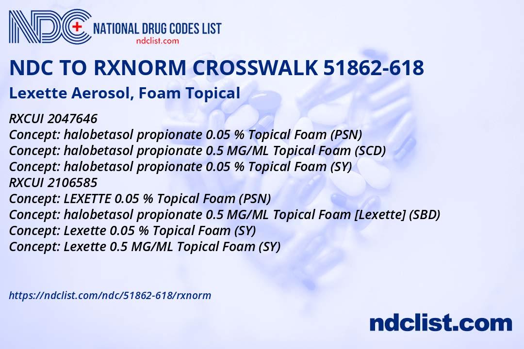 Lexette Lexette Aerosol, Foam- RxNorm Crosswalk NDC51862-618