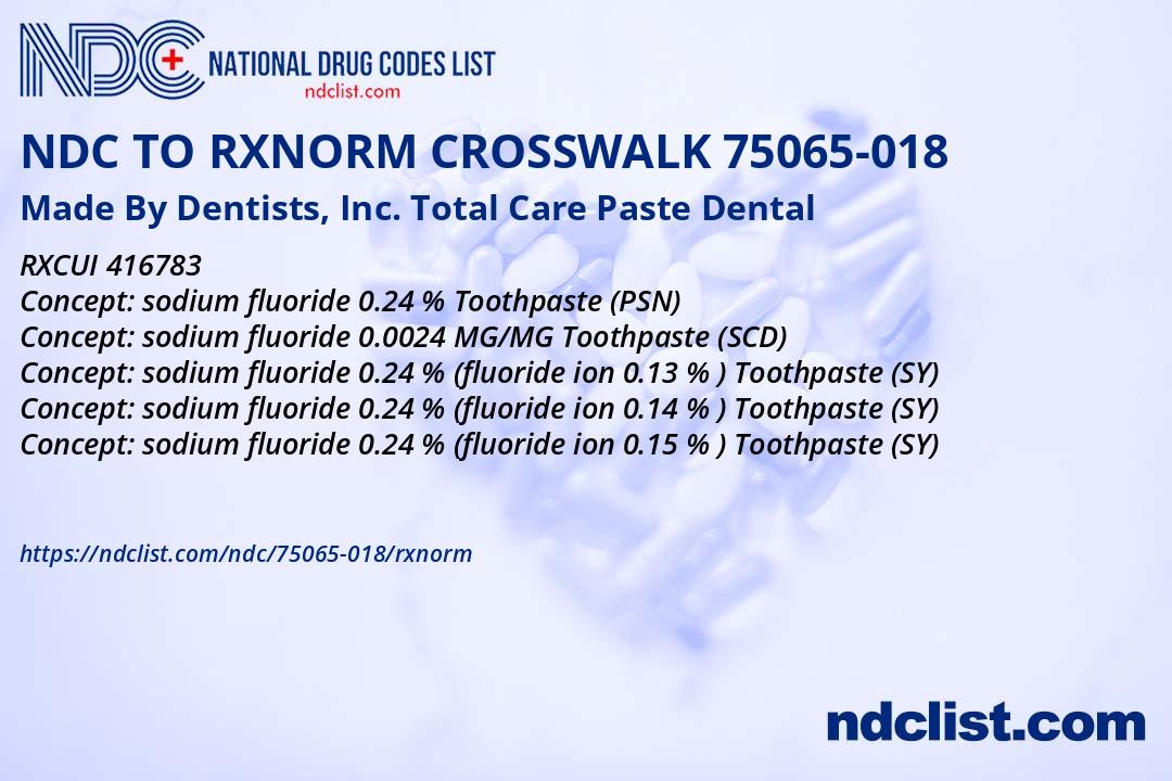 NDC RxNorm Crosswalk 75065018 Made By Dentists, Inc. Total Care Paste