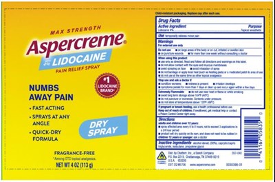 PRINCIPAL DISPLAY PANELMAX STRENGTHODOR FREEASPERCREME with 4% LIDOCAINEDRY SPRAYNET WT 4 OZ (113 g) - aspercreme with lidocaine dry spray 01