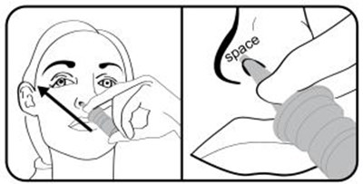 varenicline-0a.jpg Step 5. Insert the nasal applicator into the left or right nostril. Tilt the nasal applicator and aim the tip towards the top of the ear on the same side. DO NOT press the tip of nasal applicator against the wall of the inside of your nose. Allow for a space between the tip of nasal applicator and the wall of the inside of your nose for proper dose administration. - varenicline 0a