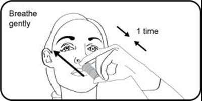 varenicline-0b.jpg Step 6. Place tongue to the roof of the mouth and breathe gently while spraying 1 (one) time. Repeat administration in the other nostril. Wait 2 (two) or 3 (three) minutes before blowing nose if needed. - varenicline 0b