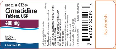 cimetidine-tablets-400mg-90s-label.jpg Cimetidine Tablets, USP 400 mg - NDC 62135-632-90 - Bottle of 90 tablets - cimetidine tablets 400mg 90s label