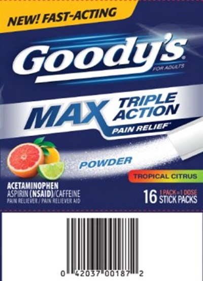 Principal Display PanelGoody’s® for adultsMAX PAIN RELIEF * TRIPLE ACTIONPOWDER ACETAMINOPHEN ASPIRIN (NSAID) / CAFFEINEPAIN RELIEVER / PAIN RELIEVER AIDTROPICAL CITRUS 16 STICK PACKS1 PACK = 1 DOSE - goodys max relief tropical citrus 01