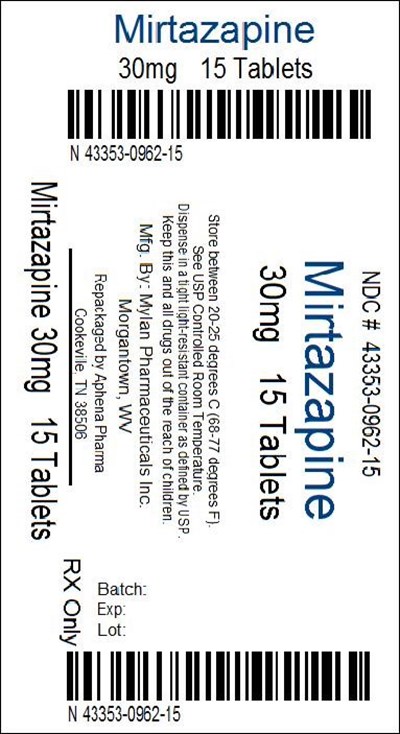 Mirtazapine Tablets, Usp 30 mg Bottle Labels (43353 0962 15)