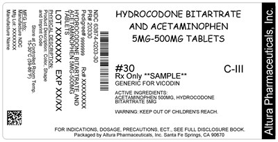 63874-0203-30_1.jpg This is an image of the label for 5 mg/500 mg Hydrocodone Bitartrate and Acetaminophen Tablets. - 63874 0203 30 1