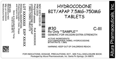 63874-0230-30_1.jpg This is an image of the label for 7.5 mg/750 mg Hydrocodone Bitartrate and Acetaminophen Tablets. - 63874 0230 30 1