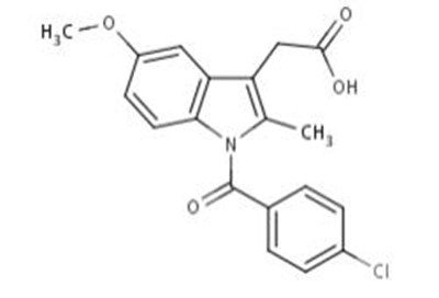 the following chemical structure for TIVORBEX (indomethacin) capsule is a nonsteroidal anti-inflammatory drug, available as hard gelatin capsules of 20 mg and 40 mg for oral administration. The chemical name is 1-(4-chlorobenzoyl)-5-methoxy-2-methyl-1H-indole-3-acetic acid. The molecular weight is 357.8. Its molecular formula is C19H16ClNO4. - tivorbex 01