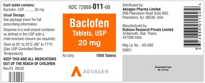 NDC 72888-011-00 - Baclofen Tablets, USP 20 mg - 1000 Tablets - baclofen tab usp 20mg 1000s