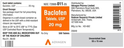 NDC 72888-011-05 - Baclofen Tablets, USP 20 mg - 500 Tablets - baclofen tab usp 20mg 500s