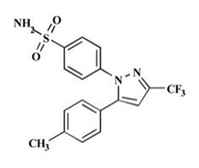 The Chemical Structure Of Celecoxib Capsules Are A Nonsteroidal Anti-inflammatory Drug, Available As Capsules Containing 50 mg, 100 mg, 200 mg And 400 mg Celecoxib For Oral Administration. The Chemical Name Is 4-[5-(4-methylphenyl)-3-(trifluoromethyl)-1h-pyrazol-1-yl] Benzenesulfonamide And Is A Diaryl-substituted Pyrazole. The Molecular Weight Is 381.38. (Image 1)