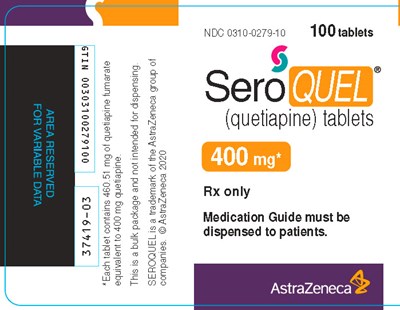Seroquel 400 mg 100 tablet bottle label - NDC0310 0279 10