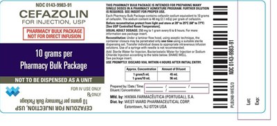 NDC 0143-9983-91 CEFAZOLIN FOR INJECTION, USP PHARMACY BULK PACKAGE NOT FOR DIRECT INFUSION 10 grams per Pharmacy Bulk Package NOT TO BE DISPENSED AS A UNIT FOR IV USE ONLY Rx ONLY THIS PHARMACY BULK PACKAGE IS INTENDED FOR PREPARING MANY SINGLE DOSES IN A PHARMACY ADMIXTURE PROGRAM. FURTHER DILUTION IS REQUIRED. SEE INSERT FOR PROPER USE. Each Pharmacy Bulk Package contains cefazolin sodium equivalent to 10 grams of cefazolin. The sodium content is 48 mg (2.1 mEq) per gram of cefazolin. Before reconstitution protect from light and store at 20º to 25ºC (68º to 77ºF) [See USP Controlled Room Temperature]. USUAL ADULT DOSAGE: 250 mg to 1 gram every 6 to 8 hours. For more information see package insert. Reconstitution: Under a laminar flow hood, using aseptic technique, the container closure may be penetrated only one time using a suitable sterile dispensing set. Transfer individual doses to appropriate intravenous infusion solutions. Use of a syringe with needle is not recommended. Add: Sterile Water for Injection, Bacteriostatic Water for Injection or Sodium Chloride Injection according to the table below. SHAKE WELL. See package insert. USE PROMPTLY. DISCARD VIAL WITHIN 4 HOURS AFTER INITIAL ENTRY. Approx. Concentration Amount of Diluent 1 gram/5 mL 45 mL 1 gram/10 mL 96 mL Prepared by/ Date/ Time: Diluent/ Concentration: - cefazolin for injection pbp 2