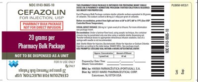 NDC 0143-9665-10 CEFAZOLIN FOR INJECTION, USP PHARMACY BULK PACKAGE NOT FOR DIRECT INFUSION 20 grams per Pharmacy Bulk Package NOT TO BE DISPENSED AS A UNIT FOR IV USE ONLY Rx ONLY THIS PHARMACY BULK PACKAGE IS INTENDED FOR PREPARING MANY SINGLE DOSES IN A PHARMACY ADMIXTURE PROGRAM. FURTHER DILUTION IS REQUIRED. SEE INSERT FOR PROPER USE. Each Pharmacy Bulk Package contains cefazolin sodium equivalent to 20 grams of cefazolin. The sodium contnet is 48 mg (2.1 mEq) per gram of cefazolin. Before reconstitution, protect from light and store at 20º to 25ºC (68º to 77ºF) [See USP Controlled Room Temperature]. USUAL ADULT DOSAGE: 250 mg to 1 gram every 6 to 8 hours. For more information see package insert. Reconstitution: Under a laminar flow hood, using aseptic technique, the container closure may be penetrated only one time using a suitable sterile dispensing set. Transfer individual doses to appropriate intravenous infusion solutions. Use of a syringe with needle is not recommended. Add: Sterile Water for Injection, Bacteriostatic Water for Injection or Sodium Chloride Injection according to the table below. SHAKE WELL. See package insert. USE PROMPTLY. DISCARD VIAL WITHIN 4 HOURS AFTER INITIAL ENTRY. Approx. Concentration Amount of Diluent 1 gram/5 mL 87 mL Prepared by/ Date/ Time: Diluent/ Concentration: - cefazolin for injection pbp 4