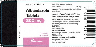 NDC 0115-1701-48 200 mg, 2 Tablets - albendazole tablets 2