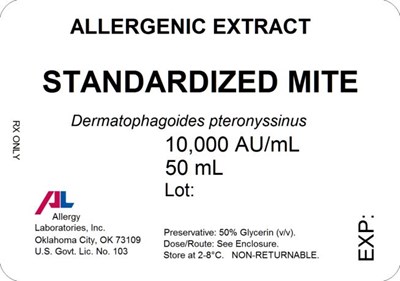 PRINCIPAL DISPLAY PANELALLERGENIC EXTRACTSTANDARDIZED MITEDermatophagoides pteronyssinus10,000 AU/mL50 mLRx Only - standardized mites 01
