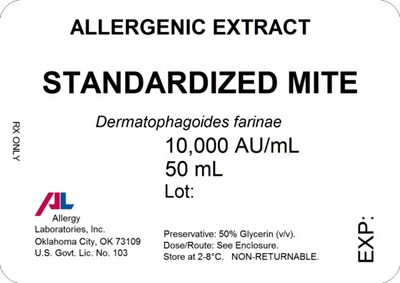 PRINCIPAL DISPLAY PANELALLERGENIC EXTRACTSTANDARDIZED MITEDermatophagoides farinae10,000 AU/mL50 mLRx Only - standardized mites 02