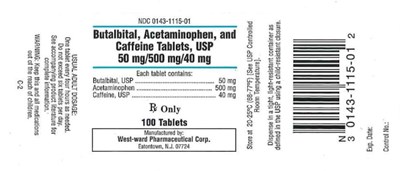 NDC 0143-1115-01Butalbital, Acetaminophen, and Caffeine Tablets, USP50 mg/500 mg/40 mgRx Only100 Tablets - butalbital acetaminophen and caffeine capsules 04