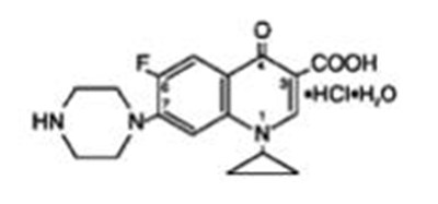 The following chemical structure of Ciprofloxacin tablets, USP are synthetic antimicrobial agents for oral administration. Ciprofloxacin hydrochloride, USP, a fluoroquinolone, is the monohydrochloride monohydrate salt of 1-cyclopropyl-6-fluoro-1, 4-dihydro-4-oxo-7-(1-piperazinyl)-3­quinolinecarboxylic acid. It is a faintly yellowish to light yellow crystalline substance with a molecular weight of 385.8. - ciprofloxacin tablets usp 03