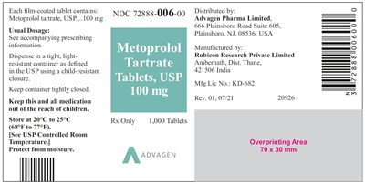 Ndc 72888-006-00 (Metoprolol Tartrate Tablets, USP 100 mg)