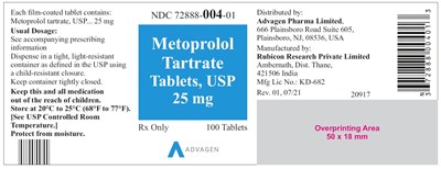 Ndc 72888-004-01 (Metoprolol Tartrate Tablets, USP 25 mg)