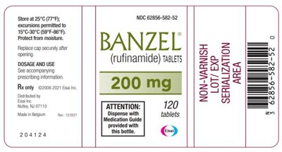 banzel-0e.jpg PRINCIPAL DISPLAY PANELNDC 62856-582-04BANZEL® (rufinamide) TABLETS200 mg4 tablets - banzel 0e