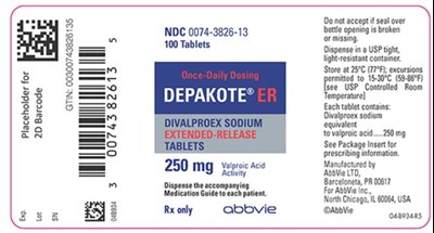 depakote-er-spl-05.jpg NDC 0074-3826-13 100 Tablets Once-Daily Dosing DEPAKOTE® ER DIVALPROEX SODIUM EXTENDED-RELEASE TABLETS 250 mg Valproic Acid Activity Dispense the accompanying Medication Guide to each patient. Rx only abbvie - depakote er spl 05
