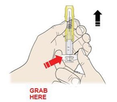 For your safety, pull the yellow safety guard until it clicks and covers the needle. - aranesp 1f