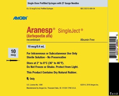 aranesp-22.jpg PACKAGE LABEL - PRINCIPAL DISPLAY PANEL - PREFILLED SYRINGE, 10 MCGNDC 55513-098-04Single-Dose Prefilled Syringes with 27 Gauge Needles4 x 10 mcg/0.4 mL Prefilled SyringesAMGEN ®Aranesp ® SingleJect ®(darbepoetin alfa)recombinantAlbumin Free10 mcg10 mcg/0.4 mLFor Intravenous or Subcutaneous Use OnlySterile Solution – No PreservativeStore at 2° to 8°C (36° to 46°F).Do Not Freeze or Shake. Protect from Light.This Product Contains Dry Natural Rubber.Rx OnlyU.S. License No. 1080©2014, 2016 Amgen Inc.Manufactured by Amgen Inc. Thousand Oaks, CA 91320-1799 U.S.A. - aranesp 22