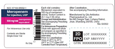 Meropenem-500mg-vial.jpg PRINCIPAL DISPLAY PANEL - 500 mg Vial Label - Meropenem 500mg vial