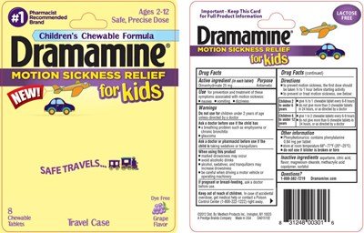 PRINCIPAL DISPLAY PANEL#1Pharmacist Recommended BrandAges 2 – 12Safe, Precise DoseChildren’s Chewable FormulaDramamine MOTION SICKNESS RELIEF for Kids8 Chewable TabletsDye Free Grape Flavor - dramamine for kids 01
