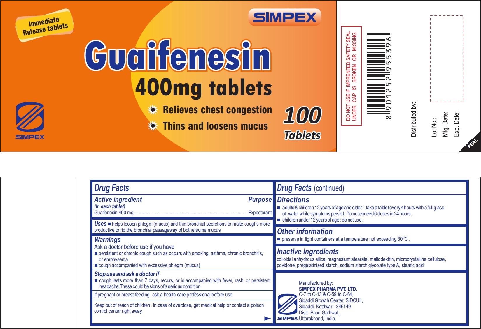 NDC 76457004 Simpex Guaifenesin Tablet Oral