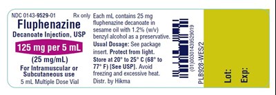 NDC 0143-9529-01 Rx only FLUPHENAZINE DECANOATE INJECTION, USP 125 mg/5 mL (25 mg/mL) FOR INTRAMUSCULAR OR SUBCUTANEOUS USE 5 mL Multiple Dose Vial Each mL contains 25 mg fluphenazine decanoate in sesame oil with 1.2% (w/v) benzyl alcohol as a preservative. USUAL DOSAGE: See package insert. Protect from light. Store at 20° to 25° C (68° to 77° F) [See USP]. Avoid freezing and excessive heat. - fluphenazine decanoate injection usp 2