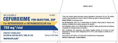 Ndc 0143-9568-25 Rx Only Cefuroxime For Injection, Usp For Intravenous Or Intramuscular Use 750 mg*/vial Protect From Light Retain In Carton Until Time Of Use Carton Of 25 Vials *each Vial Contains Sterile Cefuroxime Sodium Equivalent To Cefuroxime 750 mg. The Sodium Content Is Approximately 54.2 mg (2.4 Meq) Of Sodium Per Gram Of Cefuroxime Activity. Usual Dosage: See Package Insert. For Im Suspension: Add 3 mL Of Sterile Water For Injection. Shake Gently To Disperse And Withdraw Completely The Resulting Suspension For Injection. For Iv Solution: Add 8.3 mL Of Sterile Water For Injection. Shake Until Dissolved And Withdraw Completely The Resulting Solution For Injection. After Constitution, The Suspension And Solution Maintain Potency For 24 Hours At Room Temperature Or 48 Hours Under Refrigeration (5ºc Or 41ºf). Color Changes In Solution Do Not Affect Potency. Store At 20º To 25ºc (68º To 77ºf) [see Usp Controlled Room Temperature]. Protect From Light. Store Upright. (Cefuroxime For Injection   Novaplus 4)