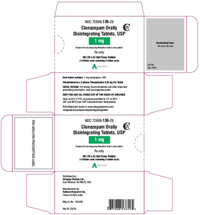 Clonazepam Orally Disintegrating Tablets, Usp 1 mg (NDC 72888-136-29)