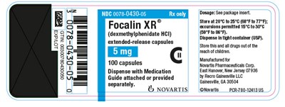 PRINCIPAL DISPLAY PANEL									NDC 0078-0430-05									Rx only									Focalin XR®									(dexmethylphenidate HCl)									extended-release capsules									5 mg									100 capsules									Dispense with Medication Guide attached or provided separately.									NOVARTIS - focalin xr 03