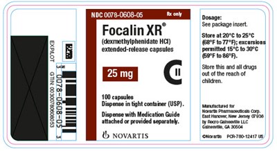 PRINCIPAL DISPLAY PANEL									NDC 0078-0608-05									Rx only									Focalin XR®									(dexmethylphenidate HCl)									extended-release capsules									25 mg									100 capsules									Dispense in tight container (USP).									Dispense with Medication Guide attached or provided separately.									NOVARTIS - focalin xr 07