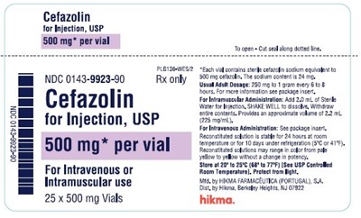 NDC 0143-9924-90 CEFAZOLIN FOR INJECTION, USP 1 gram*/vial FOR IV OR IM USE Rx ONLY * Each vial contains sterile cefazolin sodium equivalent to 1 gram cefazolin. The sodium content is 48 mg. USUAL ADULT DOSAGE: 250 mg to 1 gram every 6 to 8 hours. For more information see package insert. For IM Administration: Add 2.5 mL of Sterile Water for Injection. SHAKE WELL to dissolve. Withdraw entire contents. Provides an approximate volume of 3.0 mL (330 mg/mL). For IV Administration: See package insert. Reconstituted solution is stable for 24 hours at room temperature or for 10 days under refrigeration (5ºC or 41ºF). Reconstituted solutions may range in color from pale yellow to yellow without a change in potency. Store at 20º to 25ºC (68º to 77ºF) [See USP Controlled Room Temperature]. PROTECT FROM LIGHT. - cefazolin for injection 3