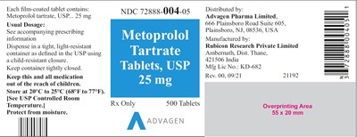 Ndc 72888-004-05 (Metoprolol Tartrate Tablets, USP 25 mg)