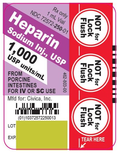 heparin-sodium-injection-usp-2.jpg Rx only 1 mL Vial NDC 72572-250-01 Heparin Sodium Inj., USP 1,000 USP units/mL FROM PORCINE INTESTINES FOR IV OR SC USE - heparin sodium injection usp 2