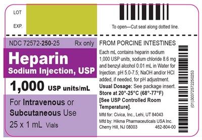 heparin-sodium-injection-usp-3.jpg NDC 72572-250-25 Rx only Heparin Sodium Injection, USP 1,000 USP units/mL For Intravenous or Subcutaneous Use 25 x 1 mL Vials - heparin sodium injection usp 3