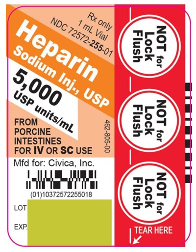 heparin-sodium-injection-usp-4.jpg Rx only 1 mL Vial NDC 72572-255-01 Heparin Sodium Inj., USP 5,000 USP units/mL FROM PORCINE INTESTINES FOR IV OR SC USE - heparin sodium injection usp 4