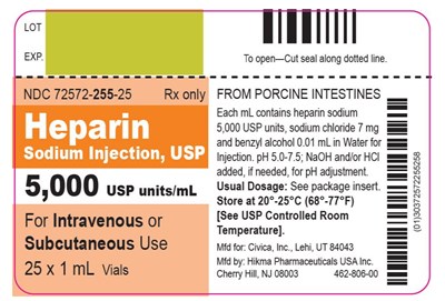 heparin-sodium-injection-usp-5.jpg NDC 72572-255-25 Rx only Heparin Sodium Injection, USP 5,000 USP units/mL For Intravenous or Subcutaneous Use 25 x 1 mL Vials - heparin sodium injection usp 5
