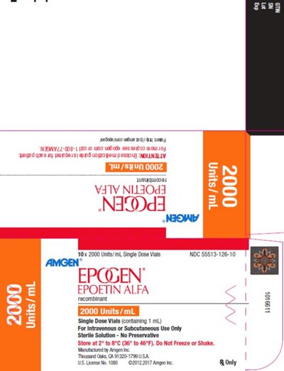 epogen-11.jpg PRINCIPAL DISPLAY PANELNDC 55513-126-1010 x 2000 Units/mL Single Dose VialsAMGEN®EPOGEN®EPOETIN ALFArecombinant2000 Units/mL2000 Units/mLSingle Dose Vials (containing 1 mL)For Intravenous or Subcutaneous Use OnlySterile Solution – No PreservativeStore at 2˚ to 8˚C (36˚ to 46˚F). Do Not Freeze or Shake.Manufactured by Amgen Inc.Thousand Oaks, CA 91320-1799 U.S.A.U.S. License No. 1080©2012,2017 Amgen Inc.Rx Only - epogen 11